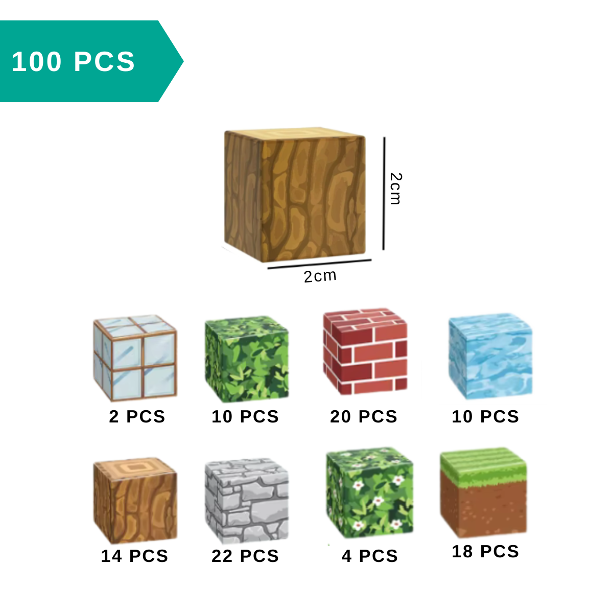 Set of small cubes with different textures and colors, each labeled with quantity, on a white background.