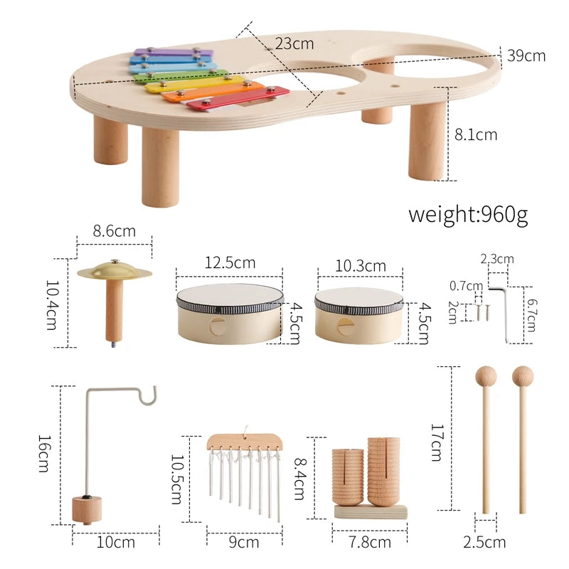 Wooden play set with measurements and dimensions on a white background