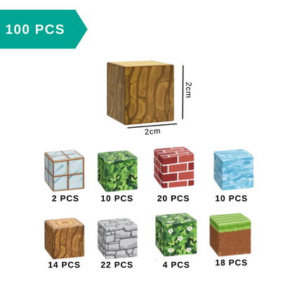 Set of small cubes with different textures and colors, each labeled with quantity, on a white background.