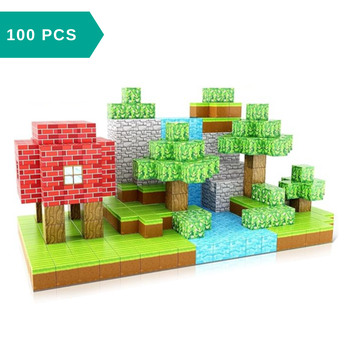 magnetic building blocks set with treehouse design on a white background