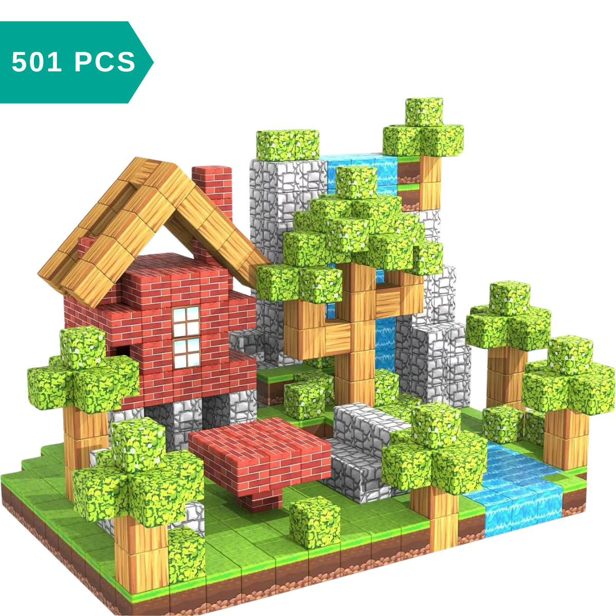 magnetic building blocks set with various structures and trees on a white background