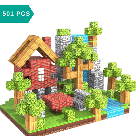 magnetic building blocks set with various structures and trees on a white background