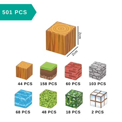 Set of building blocks with different types and quantities, including a wooden block, grass block, brick block, stone block, water block, leaf block, and glass block.