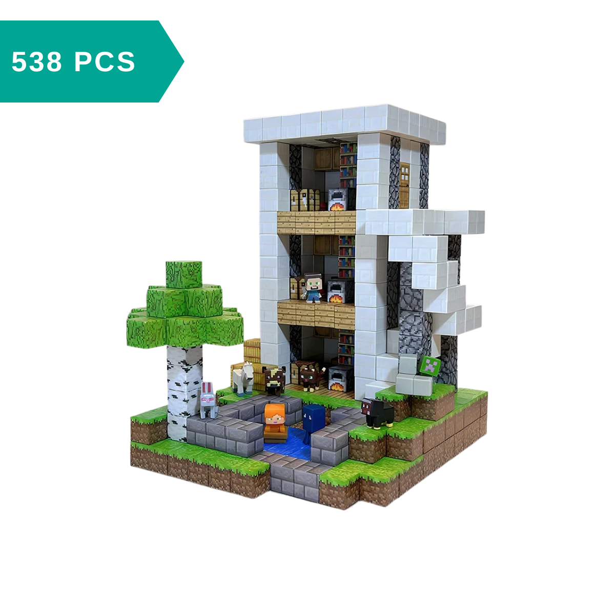 Minecraft-themed building set with various characters and structures on a white background