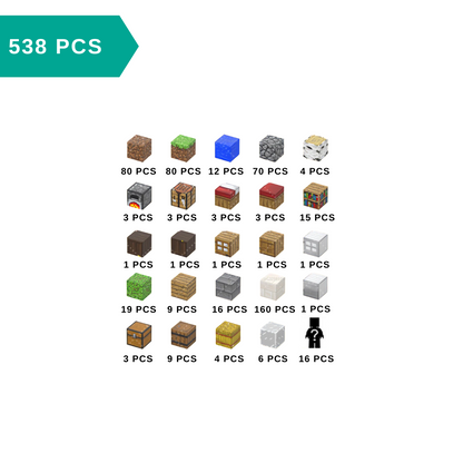 Collection of various Minecraft-style blocks with quantities on a white background