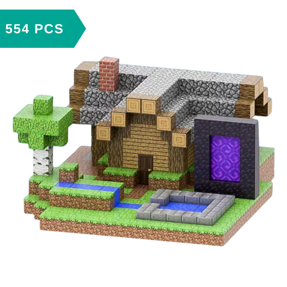 magnetic building blocks set with a wood cabin, tree, and portal on a white background.