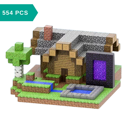 magnetic building blocks set with a wood cabin, tree, and portal on a white background.