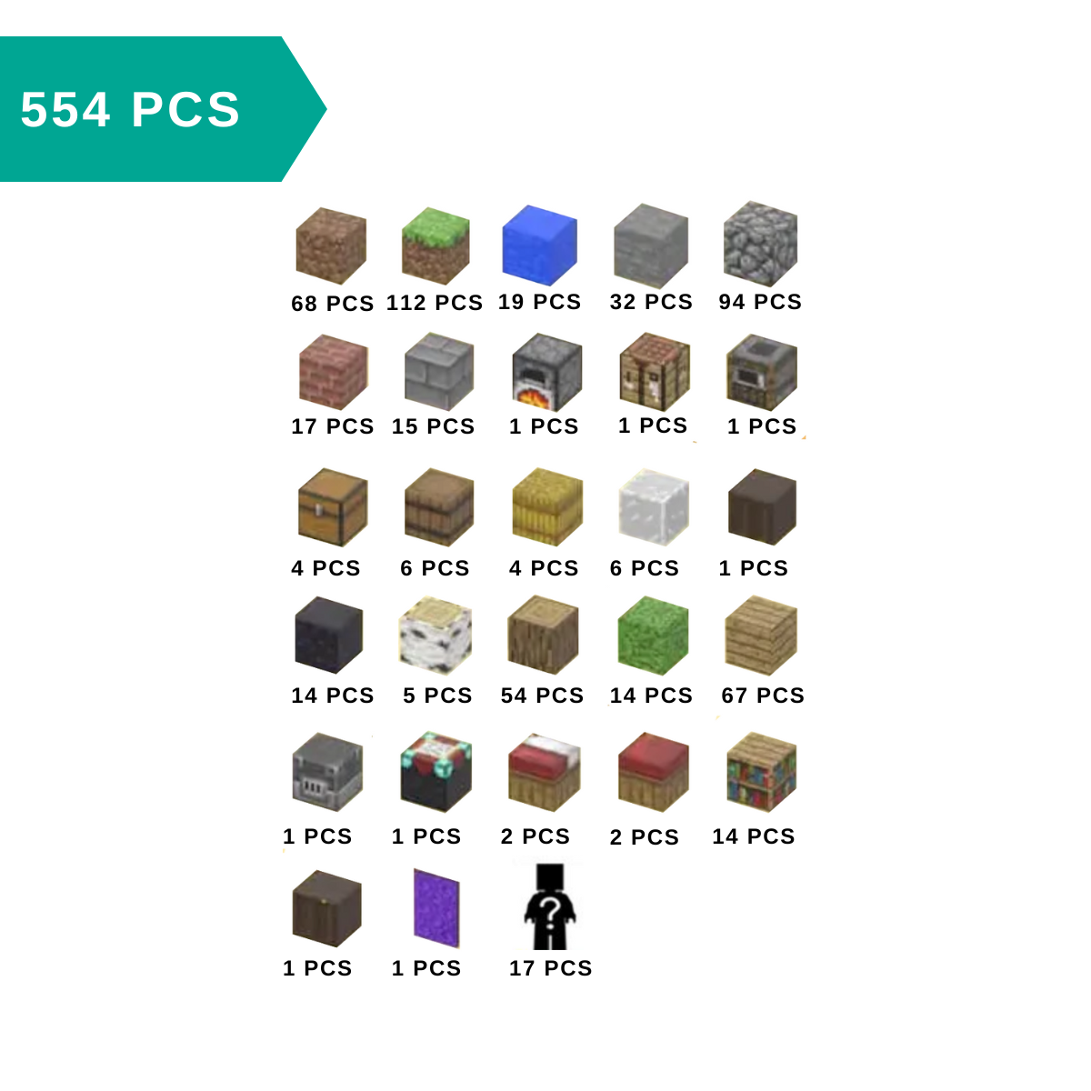 Collection of various block designs with amounts below on a white background