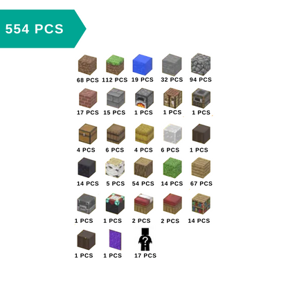 Collection of various block designs with amounts below on a white background