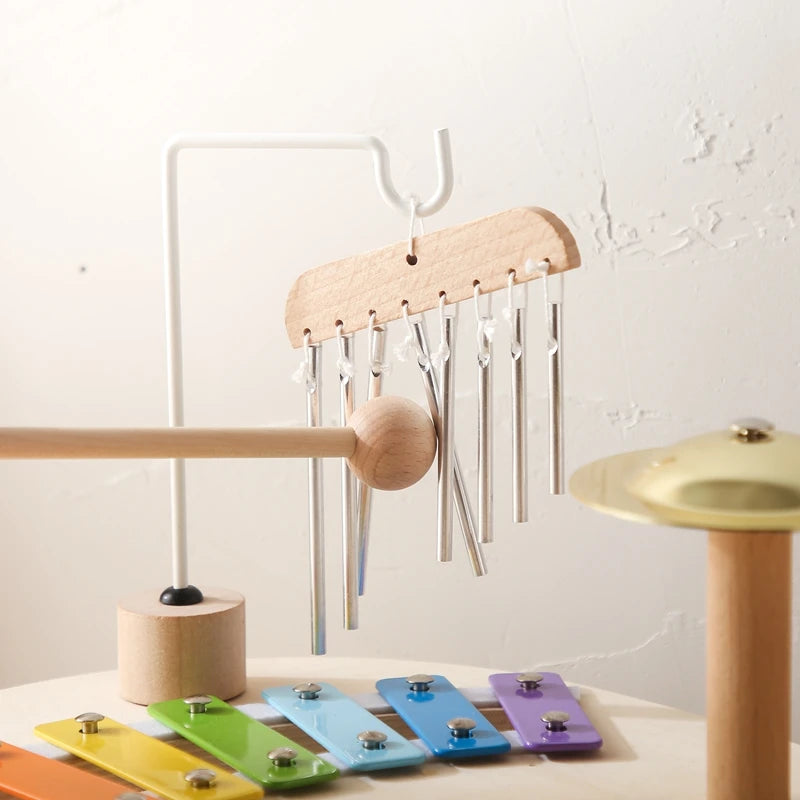 Colorful xylophone and wooden chime on a white background