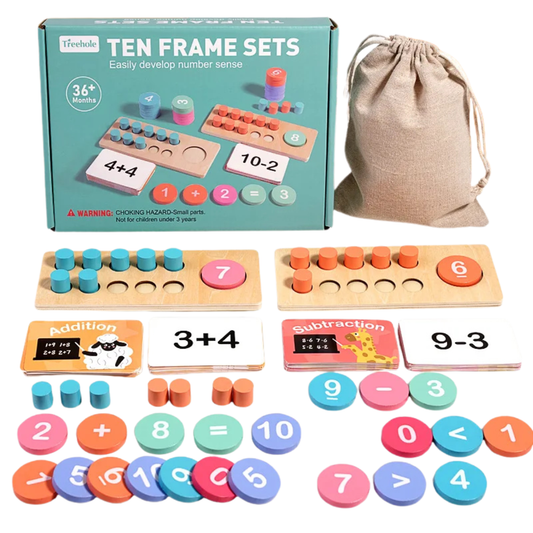 Wooden educational toy set with ten frame sets, number cards, and a drawstring bag on a white background.