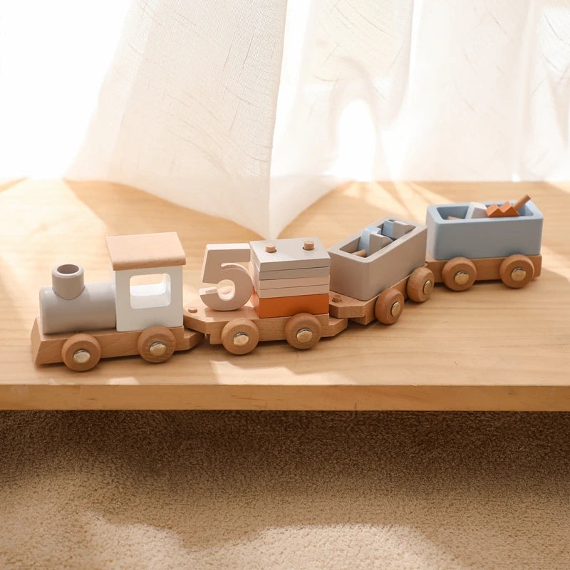 Montessori Wooden Train with Stacking Blocks and Numbers